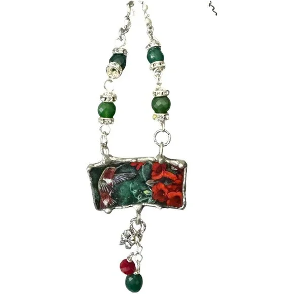 Lena Liu Hummingbird Broken China Pendant Silver-Blend Metalwork Quartz Necklace - Picture 7 of 10